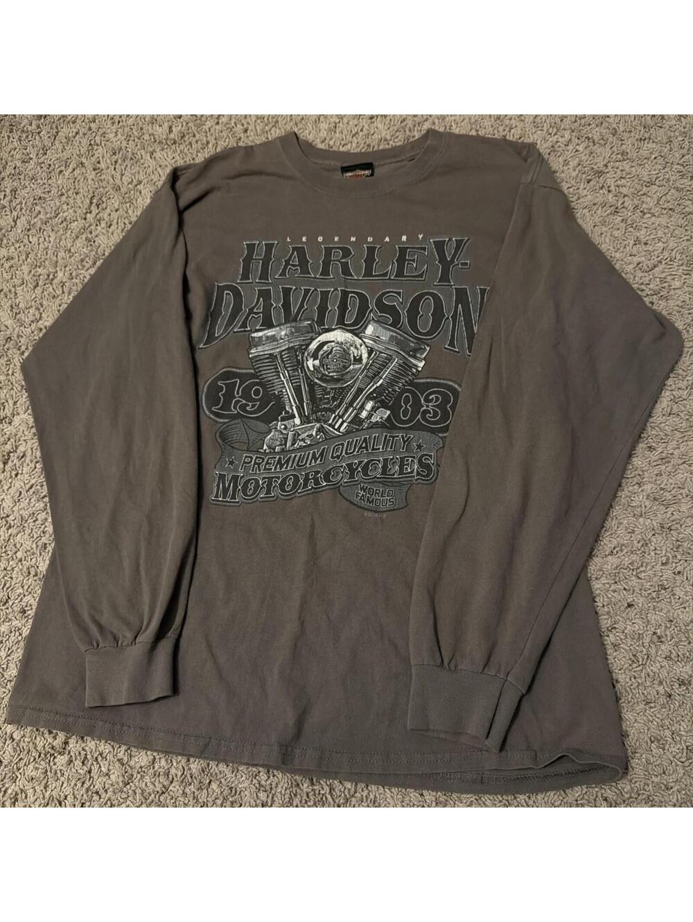 Harley Davidson Military Overseas Tour Gray Long Sleeve Graphic Biker Tee Sz L